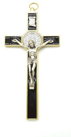 OVUNQUE PROTEGGIMI Kreuz des Heiligen Benedikt 20 cm schwarz und gold emailliert Kruzifix Exorzismus Kreuz Medaille St. Benedikt