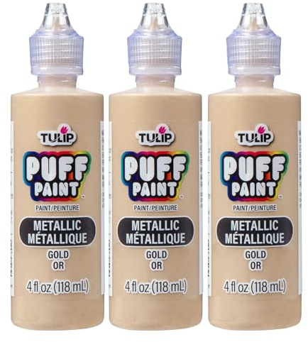 Tulip Pintura Textil Dimensional Dorado Metálico 118 ml - 3 Puff Paints 3D - Pintura para Tela, Tejidos, Ropa y Poliéster - Permanente, Lavable, y Secado Rápido - con Efecto Relieve