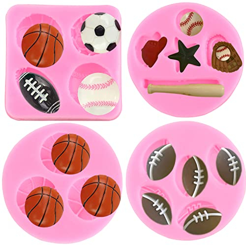 RFGHAC Sports Ball Fondant Mould Football Basketball Baseball Rugby Silicone Moulds for Cake Decorating Cupcake Topper Polymer Clay Candy Chocolate Gum Paste Set of 4