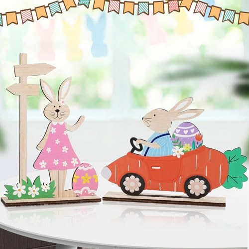 Osterhase aus Holz, Osterhasen Deko für Ostern, Hase Osterdeko Aufsteller 2er Set, Osterdekoration Garten Osterhasen Deko