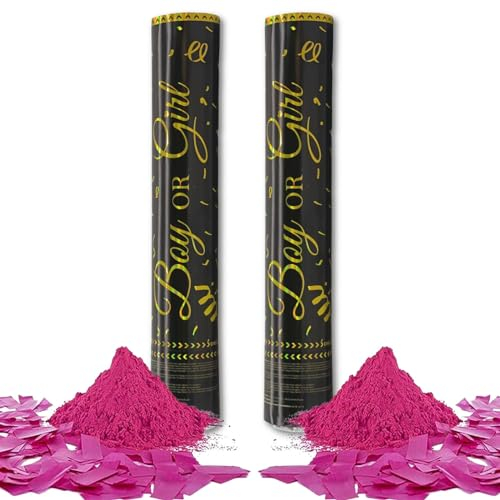 D2D | Gender Reveal Konfetti Rauch Überraschung - 2 Kanonen in Rosa - Größe 30 cm - Boy or Girl - Baby Shower Party - Party Popper