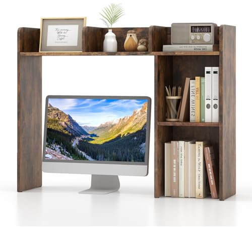 COSTWAY Desktop Bookshelf, Wooden Countertop Bookcase with Shelves and 2 Anti-Tipping Kits, Free Style Multipurpose Desk Storage Organizer Display Shelf Rack for Office Supplies, 94x25x74cm (Brown)