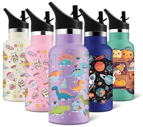 HoneyHolly Gourde Isotherme Enfant,350ml sans BPA, Gourde, avec Paille, Gourde Sport, Double Paroi Bouteille Isotherme Anti-Fuite, 18/8 Acier Inoxydable, Gourde Inox pour Enfant, École, Sport, Yoga