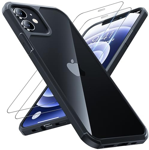 TAURI 3 in 1 for iPhone 12 Case/iPhone 12 Pro Case, and 2X HD Screen Protector, [Not-Yellowing] [10 FT Grade Protection] Shockproof Phone Case for iPhone 12 6.1 inch - Black