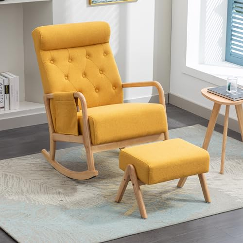 Bequemer Schaukelstuhl Mit FußstÜTze,Gepolstert Hohe RÜCkenlehne SchaukelstÜHle,Sessel Mit Hocker,Hochwertiger Rattanstoff,Integrierte KopfstÜTze,Ergonomisches Design,Seitentaschendesign (Gelb)