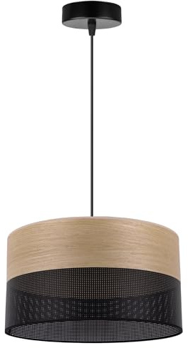 Light-Home Emily Lampenschirm Hängelampe Hängeleuchte - Deckenlampe Industrial für Wohnzimmer Schlafzimmer und Esszimmer - Moderne Pendelleuchte aus Furnierholz - Goldeiche - Schwarz 30 cm