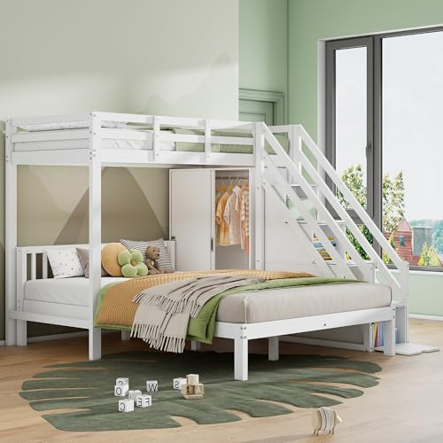 Letto a castello 90 x 200 e 140 x 200 cm, per 2-3 bambini, con armadio e rete a doghe, letto a soppalco con scale e 4 cassetti di stoccaggio, letto multifunzione, letto a castello, senza materasso,