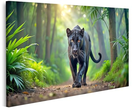 islandburner Bild auf Leinwand Schwarzer Panther Schleicht durch Wald Bilder Wandbilder Poster