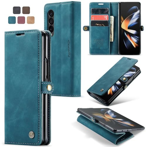 Cracedily Handyhülle für Samsung Galaxy Z Fold 4 Hülle, Klapphülle Premium Lederhülle Klappbar Flip Case Tasche Magnet Kartenfach Standfunktion Klapphülle Schutzhülle, Blaugrün