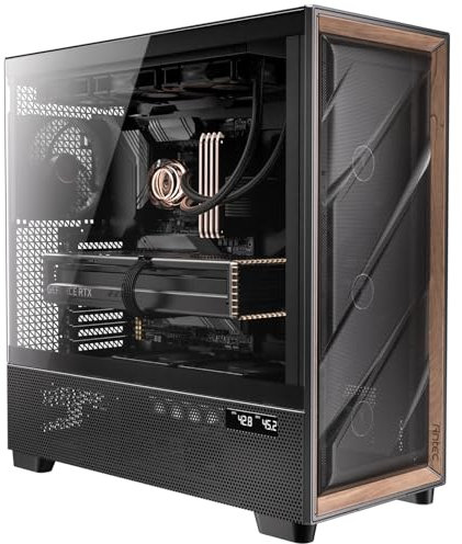 Antec Flux Pro, 6 PWM fans included, high airflow front panel with walnut wood, iShift PSU 90° support, USB 3.0 x 2, Type-C, 420mm radiator mount, display