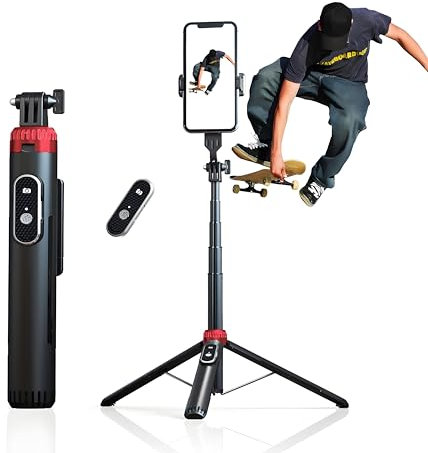 153CM Selfie Stick Stativ, Verbesserte 360° Drehbare Selfie Stange, Ausziehbares Handy Stativ Aluminium mit Kabelloser Fernauslöser für Smartphone mit iPhone/Android-Schwarz