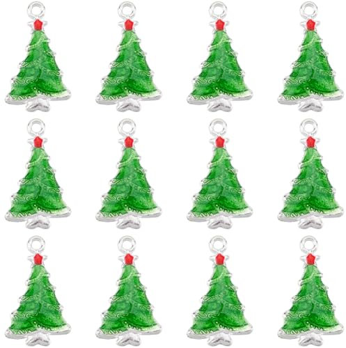 SUNNYCLUE 1 caja de 50 piezas de Dijes de Árbol de Navidad Dijes de Esmalte Festivo A Granel Aleación de Metal Plateado Dibujos Animados de Invierno Árboles de Navidad Verdes Mini Dijes Colgantes para