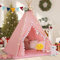 WIRHAO Tipi Zelt für Kinder mit gepolsterter Matte Baumwolle Canvas Tipi Kinder Zelt mit Pompom Indoor Kinderzelt für Mädchen Jungen mit Sternen Lichter, Tragetasche, Banner Flagge (Rosa)