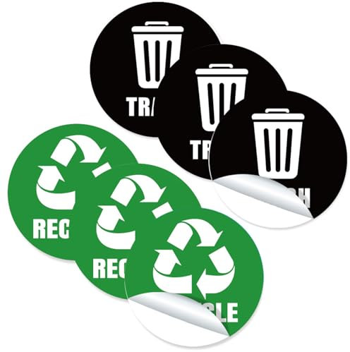 6 Pcs Recycling Bin Stickers - Recycle and Trash Logo Sorting Labels, Waterproof for Indoor Outdoor Home Kitchen Office