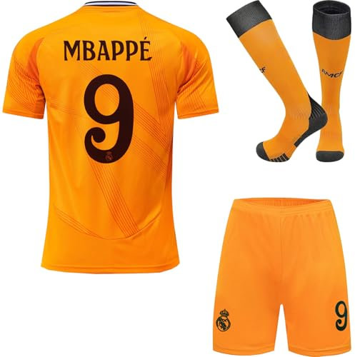 KISRAS R.Madrid Mbappe #10 2024/2025 Auswärtstrikot Shorts und Socken Kinder und Jugend Größe (Orange,26)