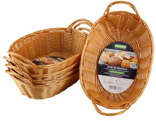 KESPER | Brot- und Obstkorb, 5er Pack, Material: Kunststoffgeflecht, Maße: 29 x 18cm / Griffhöhe: 13cm, Farbe: Braun |1783615