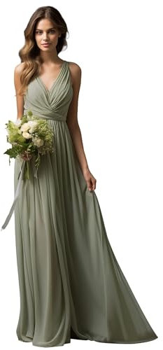 JAEDEN Lange Brautjungfernkleid A-Linie Abendkleider Chiffon Falten Hochzeit Party Kleid V-Ausschnitt Ärmellos Dunkel Salbeigrün 40
