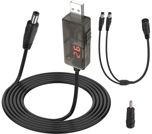 MEIRIYFA USB zu 5V-12V Step-Up-Konverter mit LED-Spannungsanzeige - 5.5x2.1mm/3.5x1.35mm Boost-Kabel für Router, Lautsprecher, Kamera, Schreibtischlampe, Mini-Fan (1M)