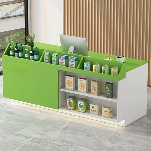 JIAOCKJIAO Empfangstheke, Moderner Fronttresen mit Beleuchtung, Empfangstresen mit Abschließbarem Schubladentürschrank und Offenen Regalen, Thekentisch für Die Salonlobby(Green,39.3in/100cm)