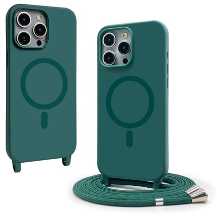 VAVAVOOMY Handykette Hülle für iPhone 15 Pro(6.1) mit Band Halsband Lanyard (abnehmbar) Handyhülle, Verstellbarer Lanyard.Magnetisch Stoßfest Silikonhülle Wireless Charging kompatibel .-Grün