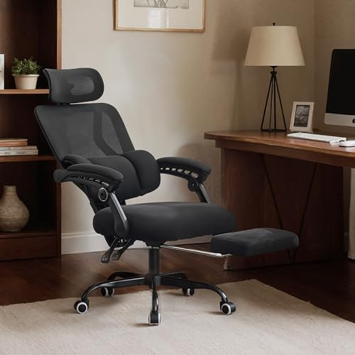 UEV Chaise Bureau Ergonomique, Fauteuil avec Appui-tête et Repose-Pieds, Support Lombaire Réglable, Hauteur du Siège Réglable, Inclinaison de 90° à 135°, Capacité 150kg, Noir