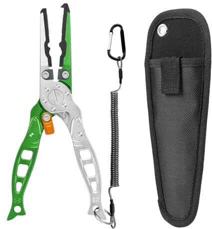 Fishing Pliers, Multi-Function Split Ring Pliers, Fish Hook Remover with Safety Lock, Fishing Gears with Sheath and Lanyard, Fishing Tool Gifts for Men