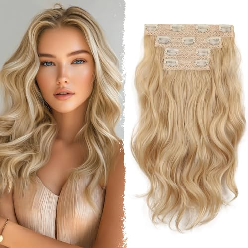 Clip In Hair Extension - 14 Inch Wavy Soft Synthetic Hair Extensions Clip In (Color:Light Blonde Mix Beige Blonde)