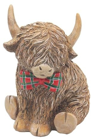 Lesser & Pavey Happy Highland Cow Tartan Bow Decor Figurine | Display Accent, Beautiful Craftsmanship, Freestanding Ornament, Ideal for Home and Office Decor, Thoughtful Gift Choice