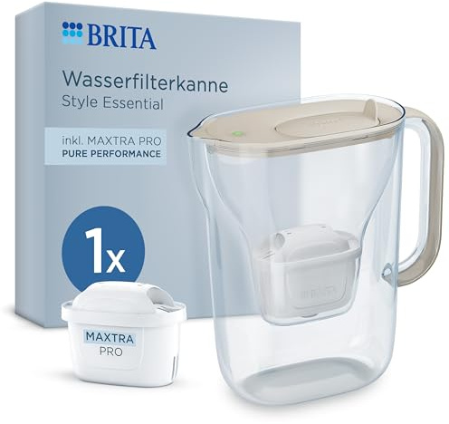 BRITA Wasserfilter Kanne Style Essential sand (2,4l) inkl. 1x MAXTRA PRO Pure Performance – Kühlschrankgeeignete Filterkanne mit Smart Light LED & Klapp-Deckel, filtert Verunreinigungen & mehr