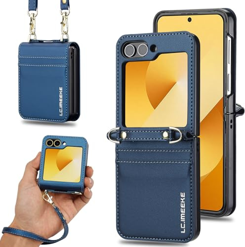 ZHOZEXIN Compatible with Samsung Galaxy Z Flip 5 Stand Stylish Flip Protective Pu Leather Case,wallet case,Card Slot, phone case with hand strap, shoulder strap(blue)