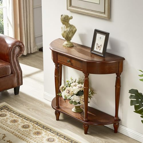 SEIFE Console Demi-Lune en Bois Massif pour entrée, Table d'entrée avec tiroir de Rangement, Table de canapé Demi-Cercle, décoration de Couloir et d'entrée(Walnut,90cm/35.4in)
