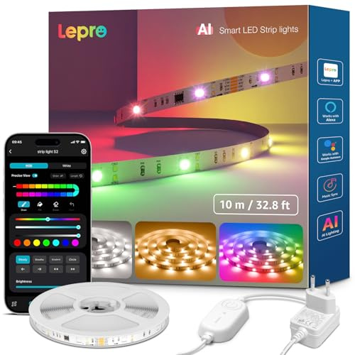 Lepro AI LED Streifen S2, 10M RGBCW LED Strip mit echtem Weißlicht, MagicColor RGBIC, Personalisierter KI-Lichtdesigner, Musik-Sync, Kompatibel mit Alexa & Google Assistant für Gaming & Ambiente