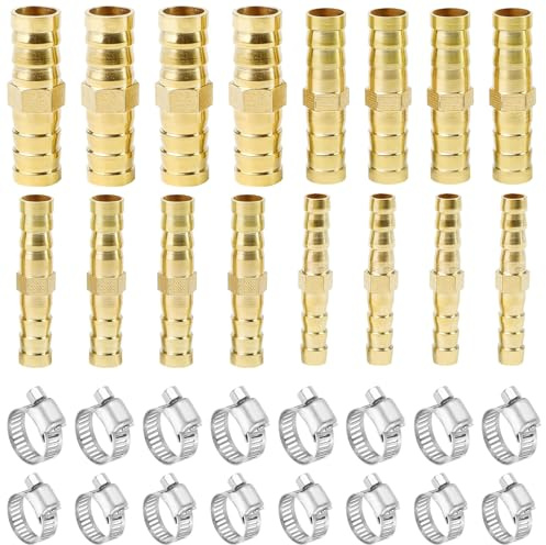 16 Stück 6/8/10/12mm Schlauchverbinder Schlauch Verbindungsstück Messing | Kraftstoffleitung Verbinder mit 16 Schlauchschellen für Wasserleitung Luftleitung Kraftstoffleitung