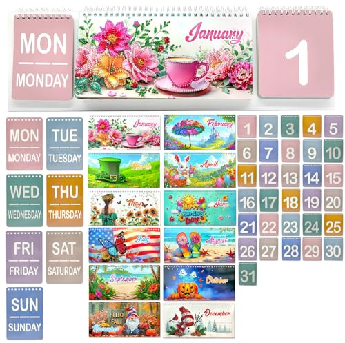 Diamant-Kunst-Malerei 2027 Schreibtisch ewiger Kalender, DIY Diamant Kunst Flip Tischkalender mit Woche, Feiertag für Büro Zuhause Dekoration-01-ewiger Kalender