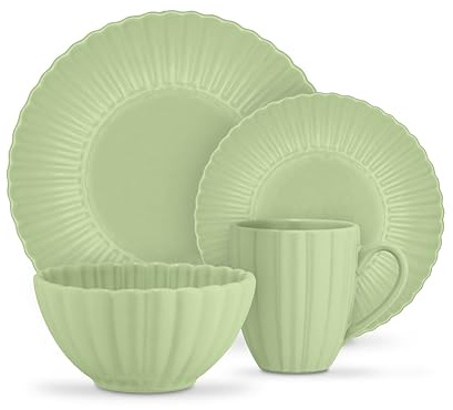 Swan 16 Piece Scallop Edge Stoneware Dinner Set, 4 x Dinner Plates, Side Plates, Bowls, Mugs, Durable, Microwave and Dishwasher Safe, Green, SWKA1460GRN