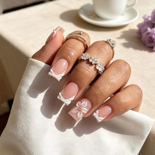 Higijapuf 24 Piece Press on Nails Short, Square White French Tip Fake Nails with Flower Design, Stick on Nails with File Adhesive Tabs Wooden Stick for Women Spring Manicure