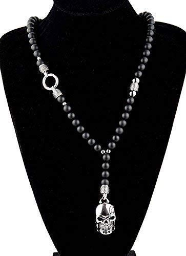 David Galvani halsketten für Herren Männer mann Halskette Y-Kette Rosenkranz Black Onyx Schmuck schwarz Perlenkette Bikerschmuck Rocker Skull Edelstahl Gebetskette Geschenk Gothik