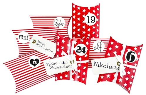 Frau WunderVoll® DIY Adventskalender zum Befüllen Christkind, rot weiß Sterne Streifen Kissenschachteln 15x11x4,5cm - Ziffern schwarz-weiß/Pappschachteln Weihnachten Aufkleber Kalender Kinder