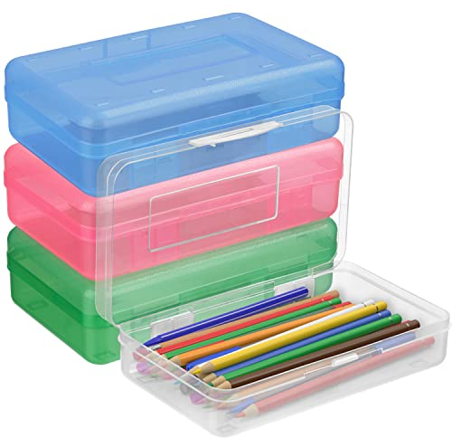 BELLE VOUS Kunststoff Stifte Box (4 Stk) – L20xB11,5xH5,5cm Durchsichtige Boxen mit Deckel - Bunte Boxen Aufbewahrung Groß – Aufbewahrungsbox als Pinselbox Schule, Buntstifte, Schreibwaren