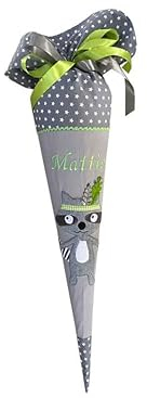 Glückspilz I Schultüte mit Namen personalisiert I Waschbär I Zuckertüte aus Stoff I mit Rohling und Kissen I Grau Grün