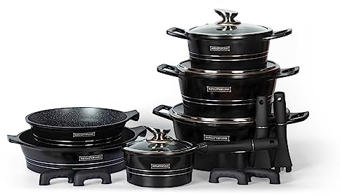 Royalty Line® Topfset 14 Tlg. Schwarz - Töpfe Set geeignet für Induktion - Kochtopf Set & Pfannen mit Anti Haft Beschichtung - Pfannenset aus Alu mit Hitzeschutz Silikon Griffen - Topf set mit Deckel