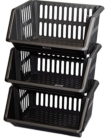 Large 3 Tier Stacking Baskets Storage Veg Rack Plastic Stackers, Black, Length 35.5 cm x Depth 30 cm x Height 17.5 cm (Black)