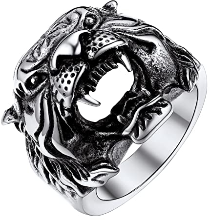 U7 Herren Siegelring mit Tiger Motiv Edelstahl Tigerskopf Großer Ring Tribal Fingerring Hip Hop Street Style Modeschmuck Accessoire für Biker Rapper(Ring Größe 64)