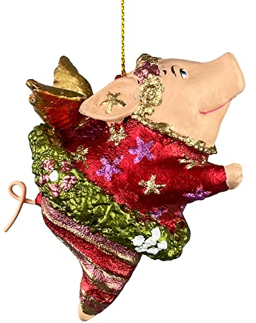 ecosoul Christbaumschmuck Figur Schwein mit Flügeln Hänger weiß-rot-grün Hänger Weihnachten 9,5 cm hoch 1 Stück (grün-rot)