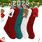 Große Weihnachtsstrümpfe, 4 Stück, rot, weiß, grün, burgunderrot, elfenbeinfarben, dehnbar, gestrickt, Weihnachtsstrümpfe mit 50 personalisierten Geschenkanhängern für Familie, Urlaub (4pcs knitted)