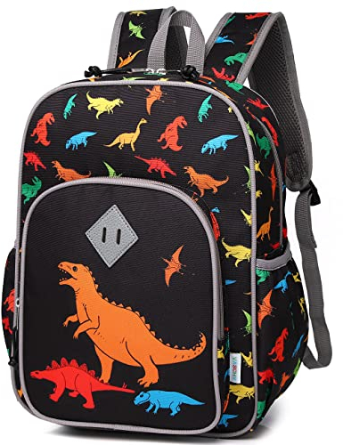 VASCHY Leichter Rucksack für Jungen und Mädchen, 11,5 l, wasserabweisend, mit reflektierendem Brustgurt, elastische Flaschentaschen, Kindergarten, Schwarze Dinosaurier, Taille unique, Daypack Rucksack