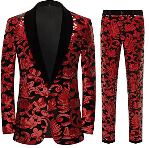 CARFFIV Herren Modische Blumenmuster Pailletten Zweiteiler Set Anzüge,Red,M