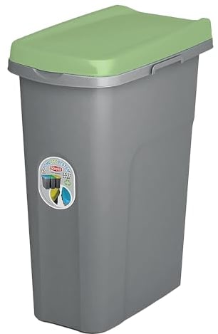 Home Centre Plastic Lift Top Lid Waste Bin Kitchen School 15 Litre Green-Grey Slim Recycling General Trash & Storage Recycled Rubbish Organiser Container Dustbin Sturdy Quality Made in Italy