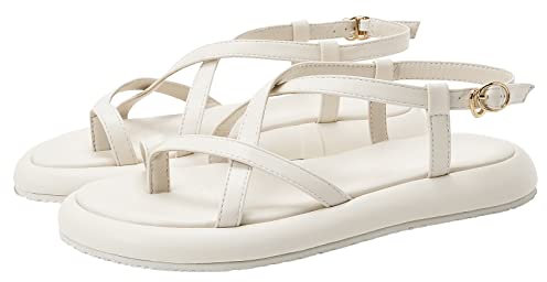 Sandales Plates À Lanières pour Femmes Bride À La Cheville Réglable Bout Ouvert Marche Voyage Chaussures De Plage,Beige,39 EU