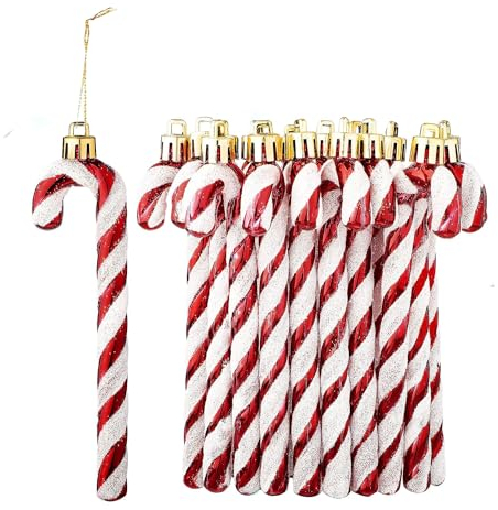 Herzwild 12pcs Weihnachtsbaumschmuck Zuckerstangen-Anhänger Weihnachtsdeko Anhänger Zuckerstange Ornamente Weihnachtskugel in Zuckerstangen-Form (White-red)
